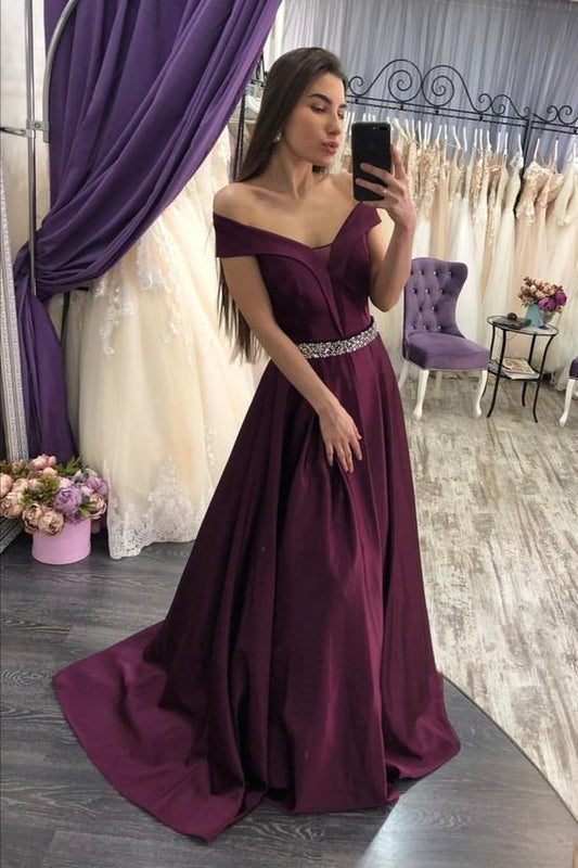 Purple A Line Elegant Prom Dress Off Shoulder Beaded Sash V Neck Formal Dresses   cg16646