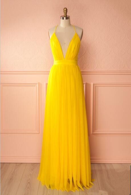 Yellow A Line Tulle Prom Dress,Long Evening Dress,Spaghetti Strap Formal Dresses   cg16653