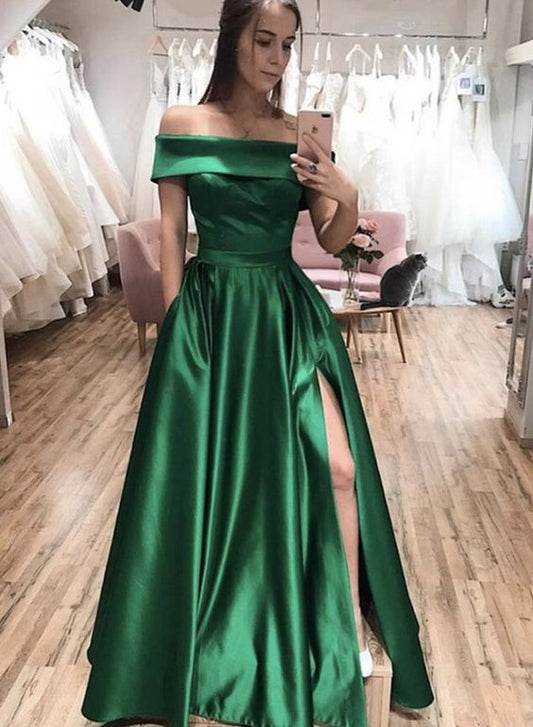 Green off shoulder satin long split prom dress green evening dress   cg16686