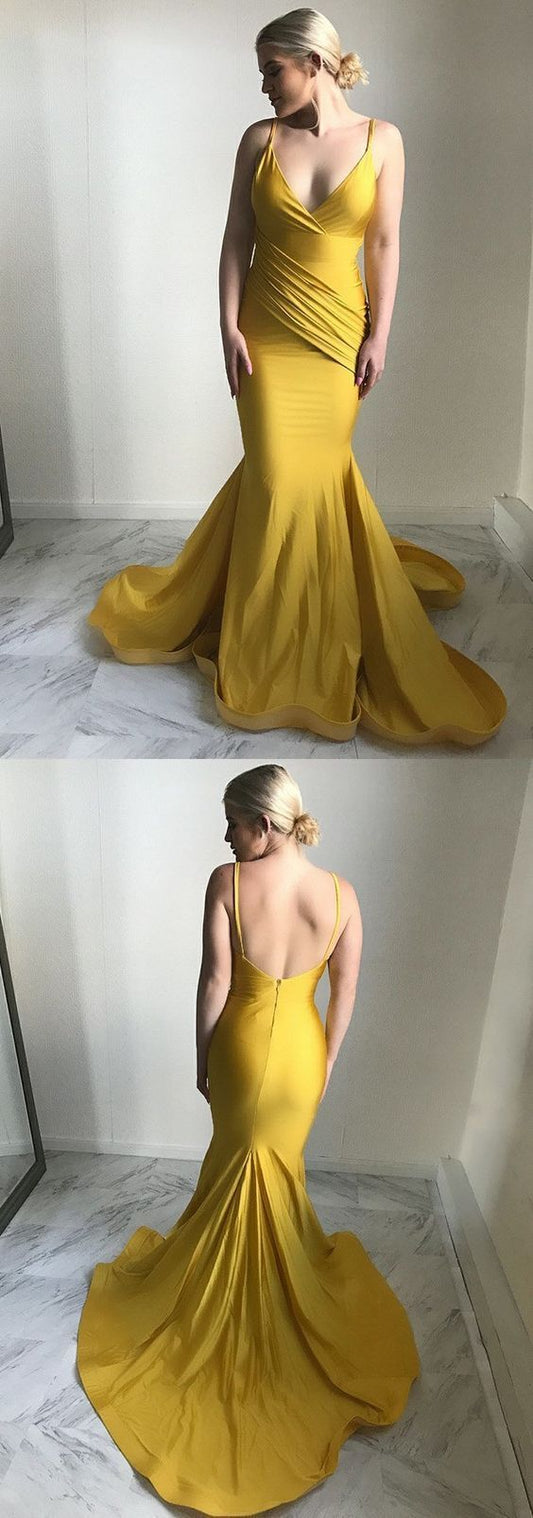 Yellow Backless Spaghetti Straps Bodycon Mermaid Simple Prom Dress Formal Gown     cg16712