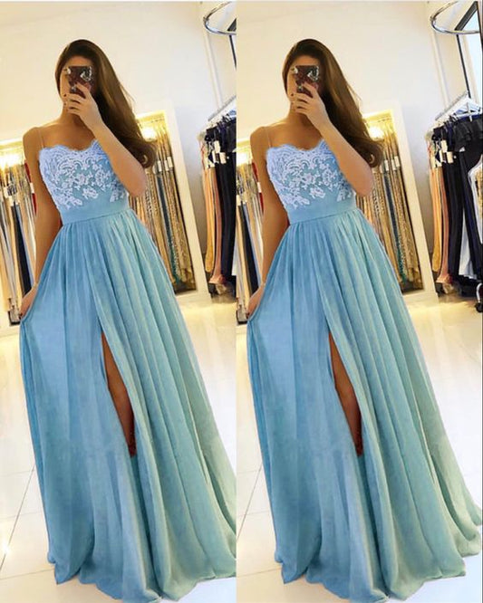 light blue bridesmaid dresses chiffon split evening gown lace appliques Prom Gown   cg16741