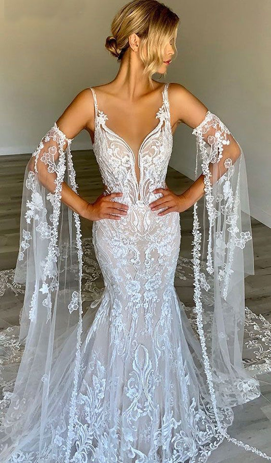 Mermaid Wedding Dresses Bridal Gown with Lace Appliques long prom dress    cg16769