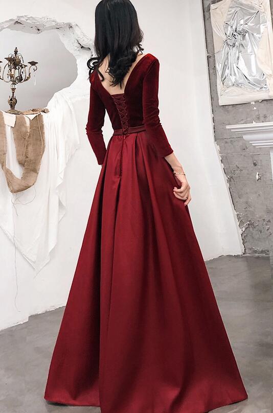 Wine Red Satin And Velvet Long Party Dress, Long Sleeves Evening Dress Long Prom Dress    cg16807