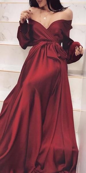 Off Shoulder Long Sleeve A-Line Silk Elastic Satin Burgundy Prom Dresses   cg16825