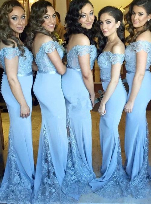 Blue Mermaid Satin Off the Shoulder Lace Appliques Bridesmaid Dress prom dress     cg16832