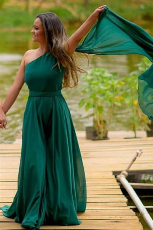 Green Chiffon Bridesmaid Dresses One Shoulder prom dress     cg16833