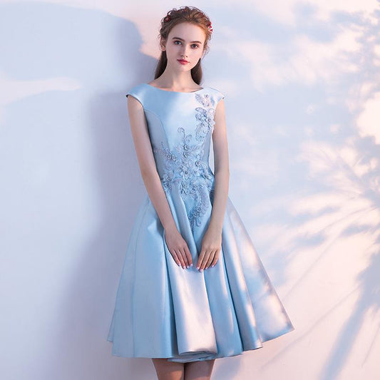 Blue Satin Knee Length Round Neckline Party Dress, Blue Prom Dress Bridesmaid Dress   cg16876