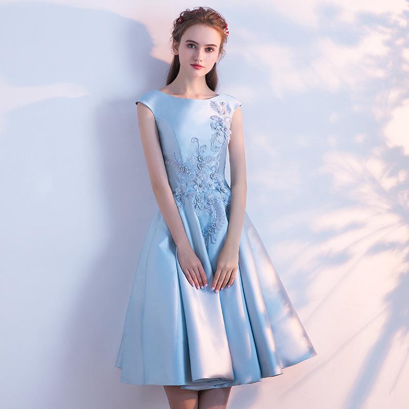 Blue Satin Knee Length Round Neckline Party Dress, Blue Prom Dress Bridesmaid Dress   cg16876