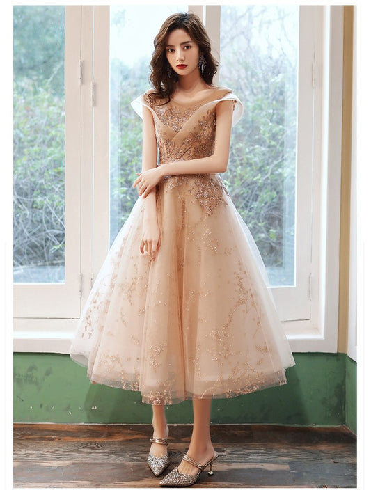 Light Champagne Applique Tulle Cap Sleeves Party Dress Prom Dress Bridesmaid Dress   cg16877