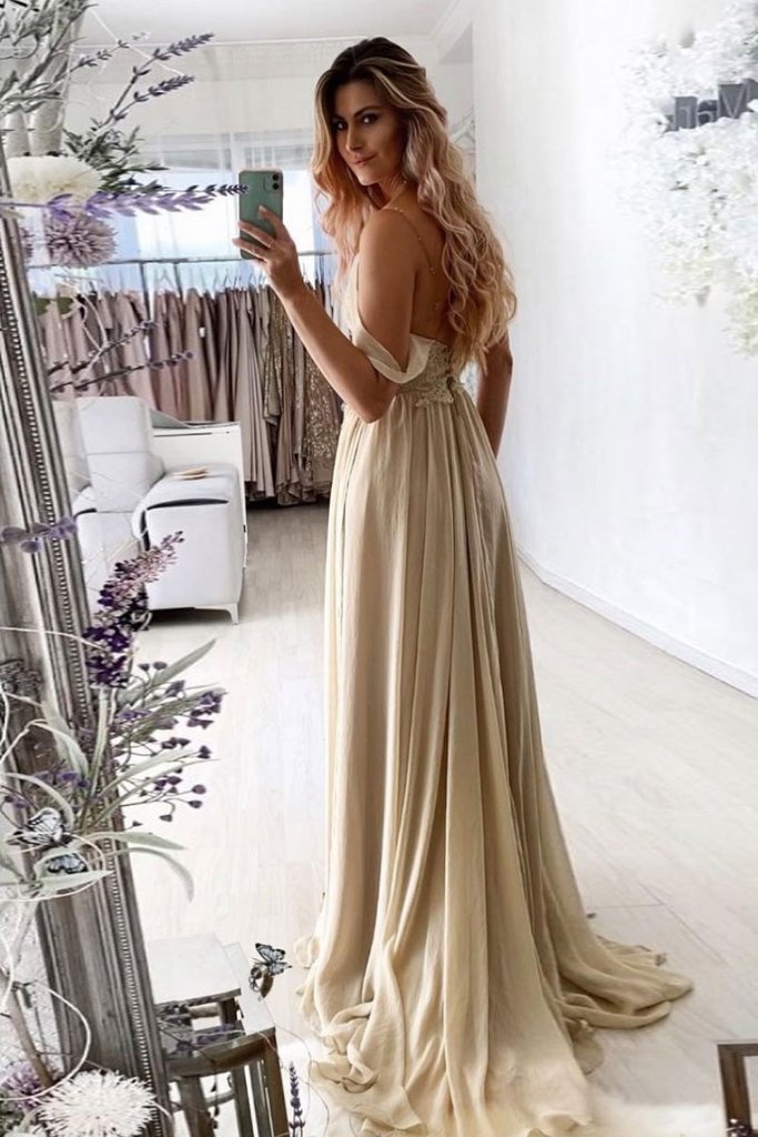 CHAMPAGNE V NECK CHIFFON LACE LONG PROM DRESS LACE FORMAL DRESS   cg16884