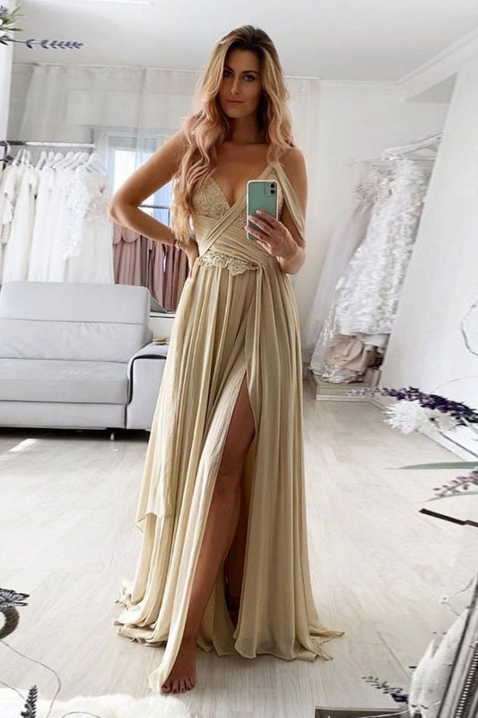 CHAMPAGNE V NECK CHIFFON LACE LONG PROM DRESS LACE FORMAL DRESS   cg16884