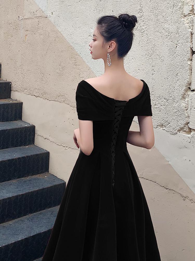 Black Velvet Elegant Lace-Up Prom Dress, Black Off Shoulder Prom Dress   cg16924