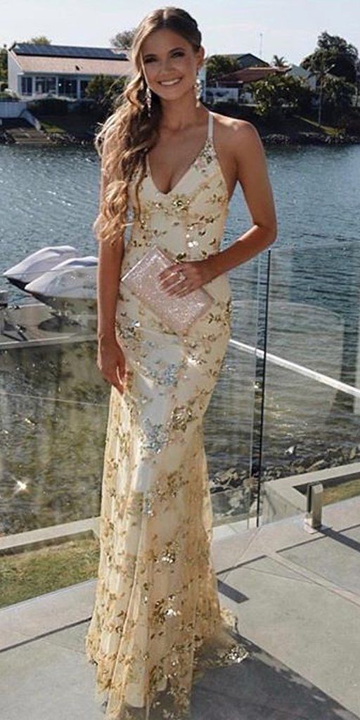 Gold Sequin Mermaid Backless V-Neck Prom Dresses cg1693
