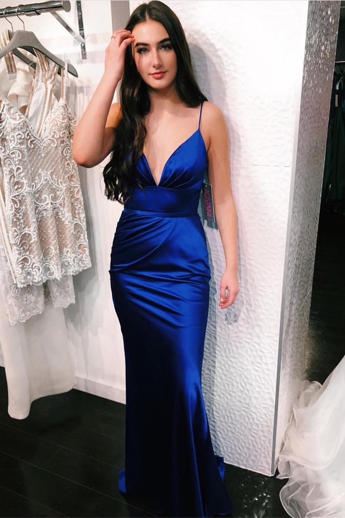 Royal Blue Satin Mermaid V Neck Long Prom Dress, Mermaid Royal Blue Formal Dress    cg16943