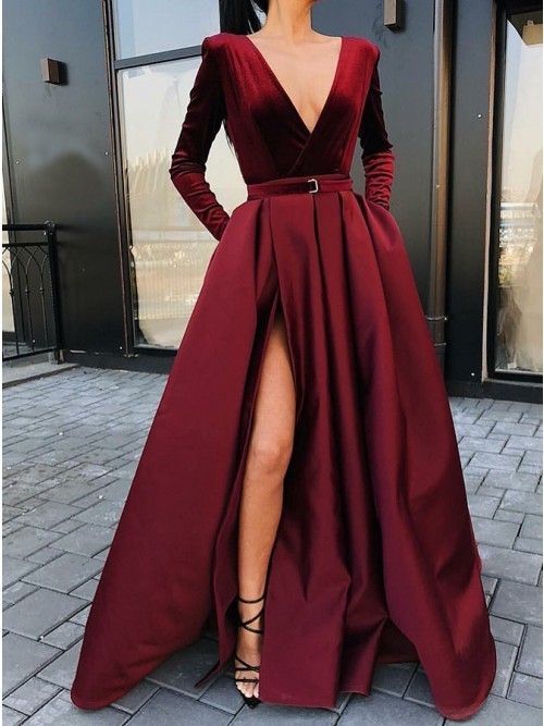 Sexy Slit Evening Dress V-Neck Burgundy Evening Gowns Party Dresses cg1698