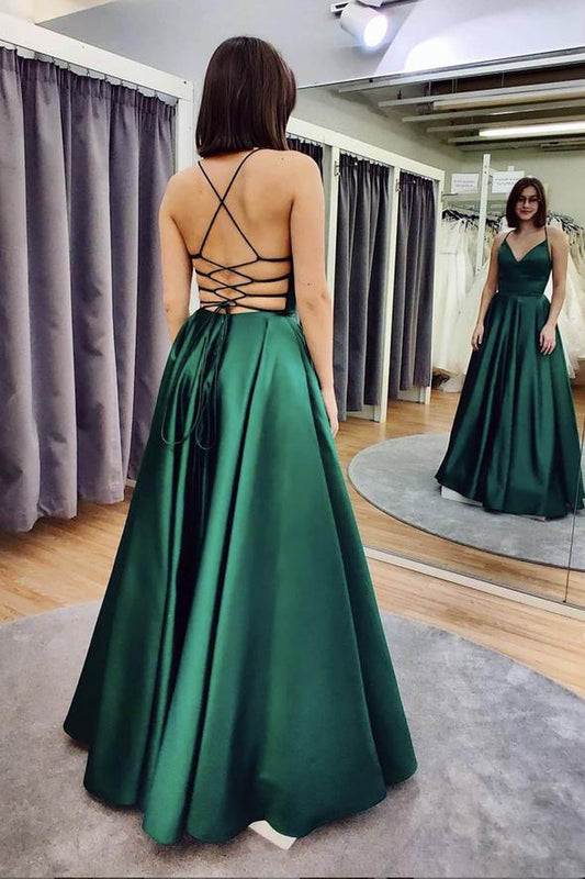 Green satin long prom dress A line evening dress   cg17004