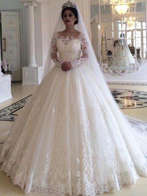 Ball Gown Tulle Applique Off-the-Shoulder Long Sleeves Sweep/Brush Train Wedding Dresses Prom Dress    cg17019