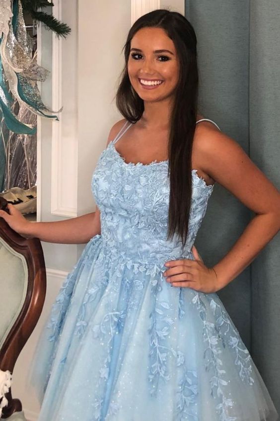 A-line blue lace appliqued short homecoming dress sweet 16 dress    cg17049