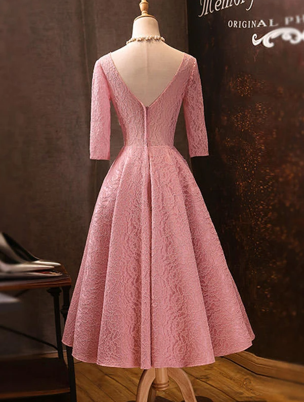 Pink V-Neckline Lace Short Sleeves Tea Length Wedding Party Dress, Short Prom Dress   cg17057