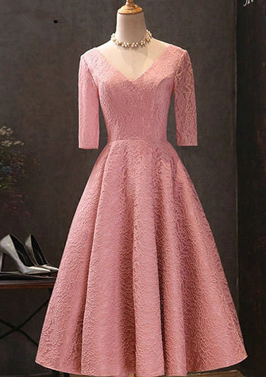 Pink V-Neckline Lace Short Sleeves Tea Length Wedding Party Dress, Short Prom Dress   cg17057