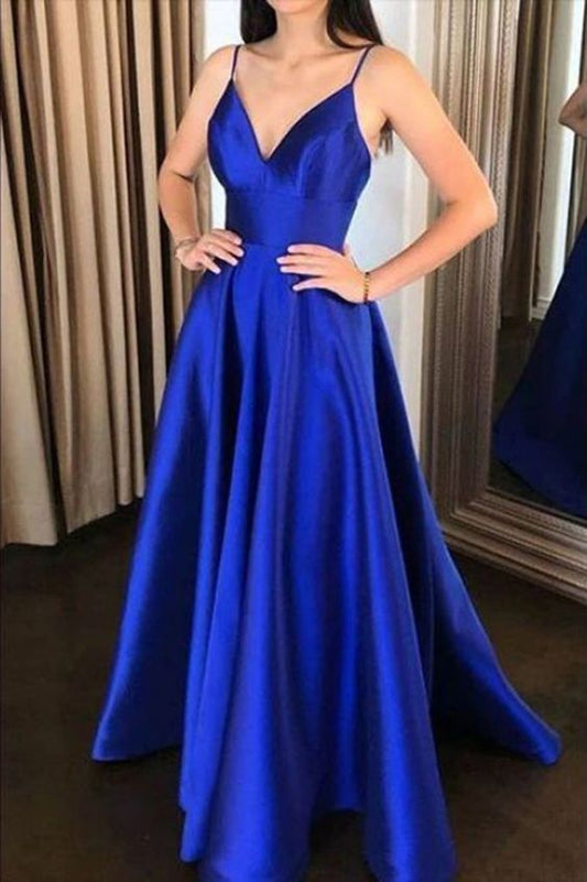 Satin A Line V Neck Royal Blue Evening Formal Party Dress ,Girls Prom Long Gown     cg17104