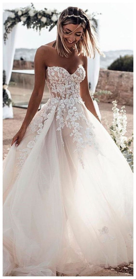 A-Line Long Prom Dresses Ball Gown Sweetheart Open Back Ivory Tulle Wedding Dresses with Appliques    cg17121