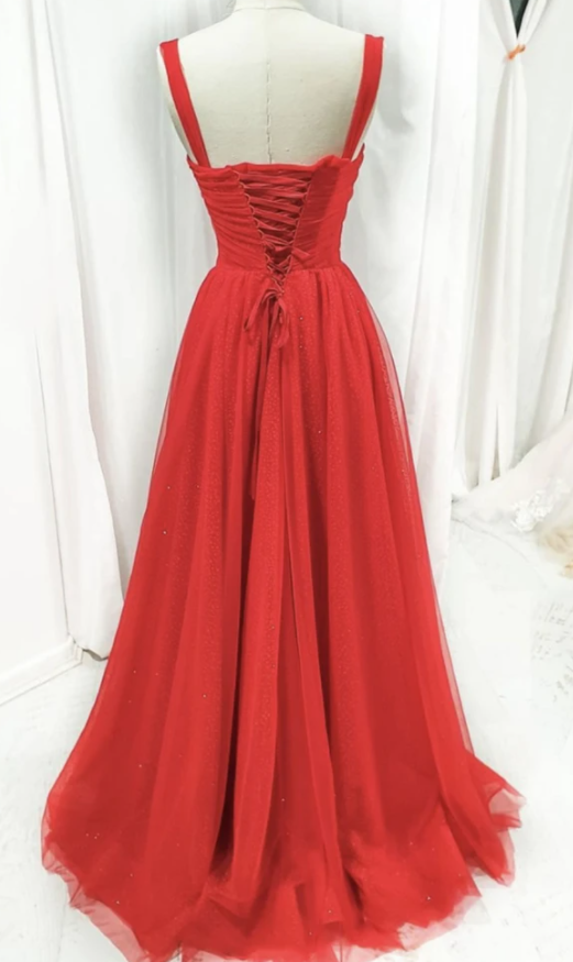 Red tulle long A line prom dress evening dress   cg17198