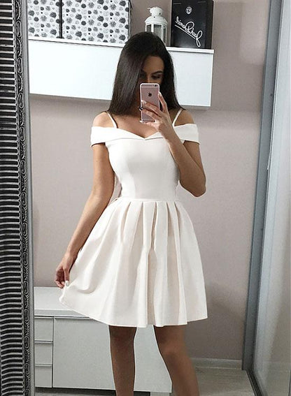 White satin short dress, white homecoming dress cg1722