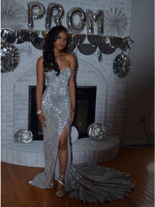 Sexy Mermaid Sweetheart Sweep Train Silver Sequined Prom Dress with Split,Backless Long Prom Dress   cg17222