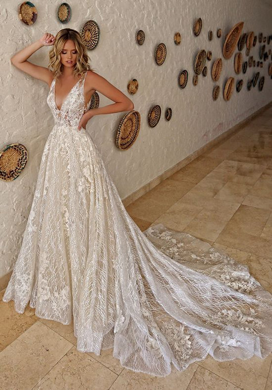 Luxurious Ball Gown V Neck Open Back White Lace Wedding Dresses,Elegant Bridal Gown Prom Dress   cg17224
