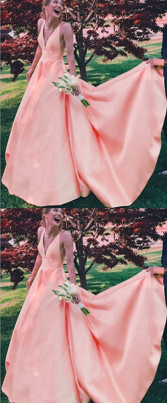 Elegant Pink V Neck Party Gown Senior Girls Prom Long Dresses   cg17237