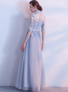 A-line High Neck Floor-length Half sleeve Tulle Prom Dress/Evening Dress    cg17268