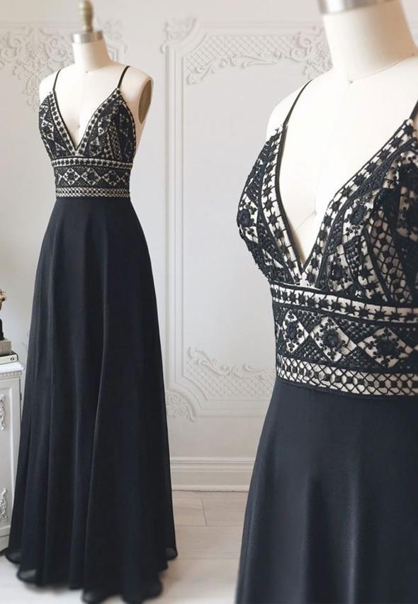 Black chiffon long prom dress lace evening dress  cg17300