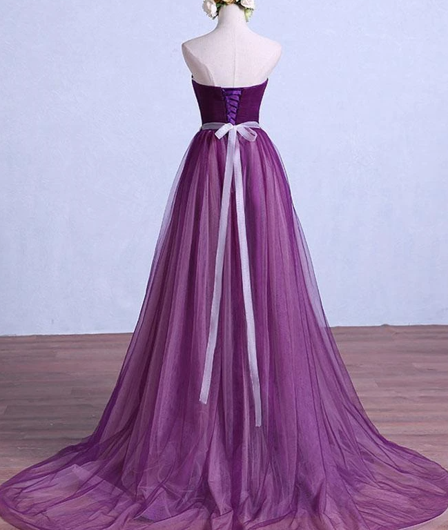 Purple Tulle Sweetheart Long Wedding Party Dress With Belt, Purple Prom Dress Bridesmaid Dress   cg17332