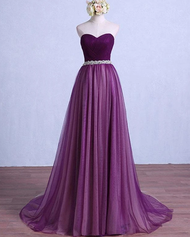 Purple Tulle Sweetheart Long Wedding Party Dress With Belt, Purple Prom Dress Bridesmaid Dress   cg17332