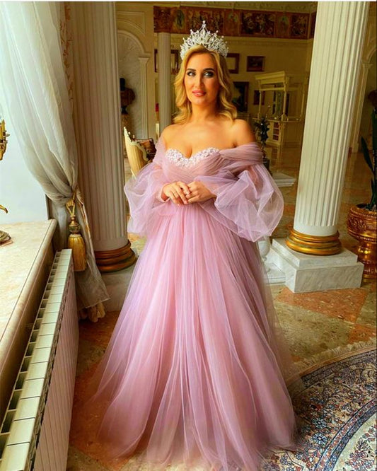 prom dresses Dusty Pink Boho Wedding Dresses Tulle Long Sleeves Off The Shoulder    cg17382