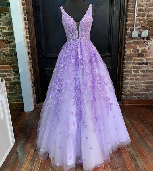 PURPLE LACE LONG A LINE PROM DRESS EVENING DRESS    cg17446