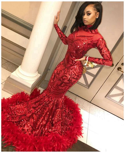 Red Long Sleeve Mermaid Prom Dresses with Feathers,Sweep Train High Neck Elegant Black Girls Evening Gala Gowns   cg17466