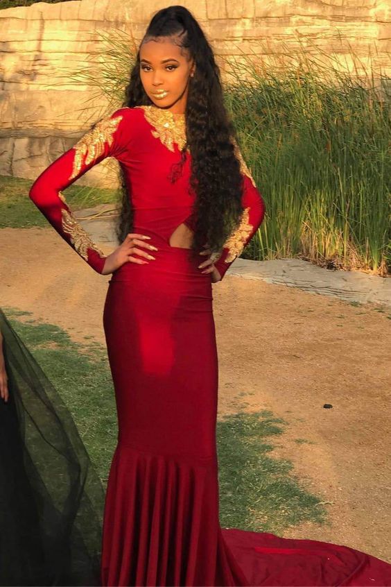 Excellent Red Long Sleeves Jewel Mermaid Prom Dresses with Train   cg17473