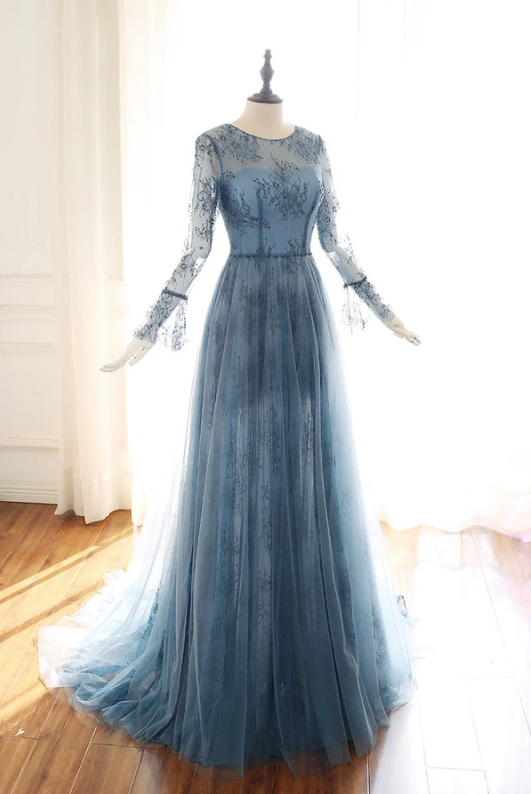 Blue tulle lace Long sleeve prom dress, blue bridesmaid dress   cg17536