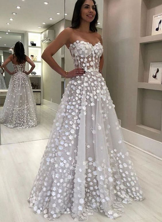 White sweetheart neck flower tulle long prom dress,princess evening dress,beautiful wedding dress   cg17696