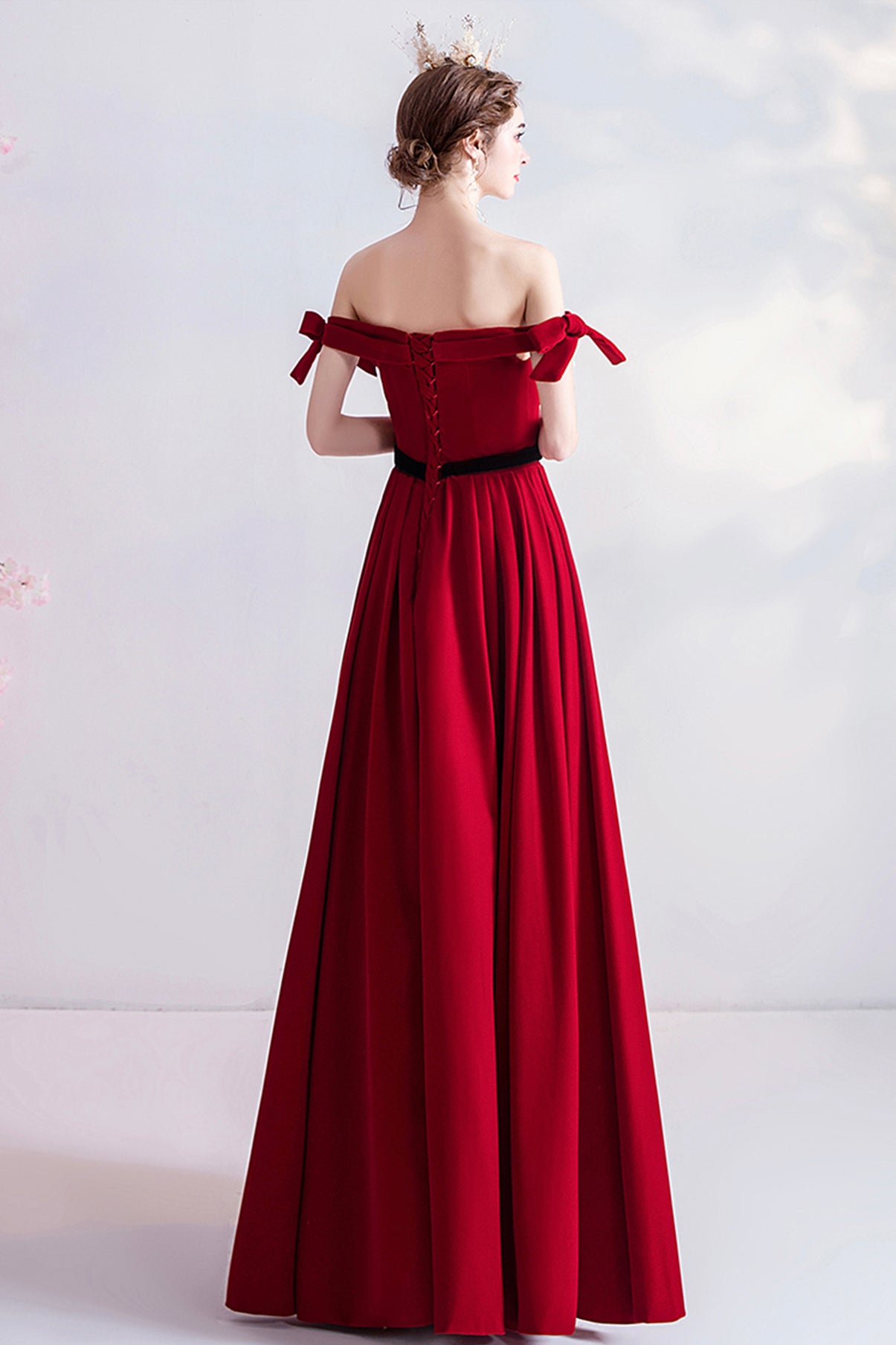 BURGUNDY VELVET LONG PROM DRESS A LINE EVENING DRESS    cg17720