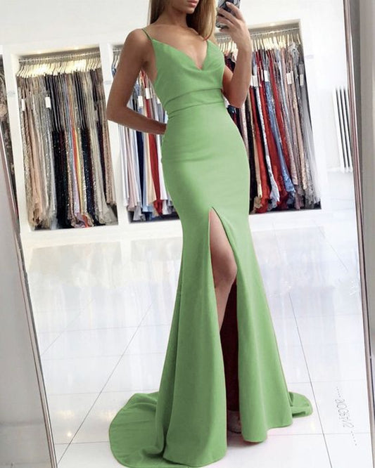 Mermaid sage Green Bridesmaid Dresses Leg Slit Prom Dresses    cg17753