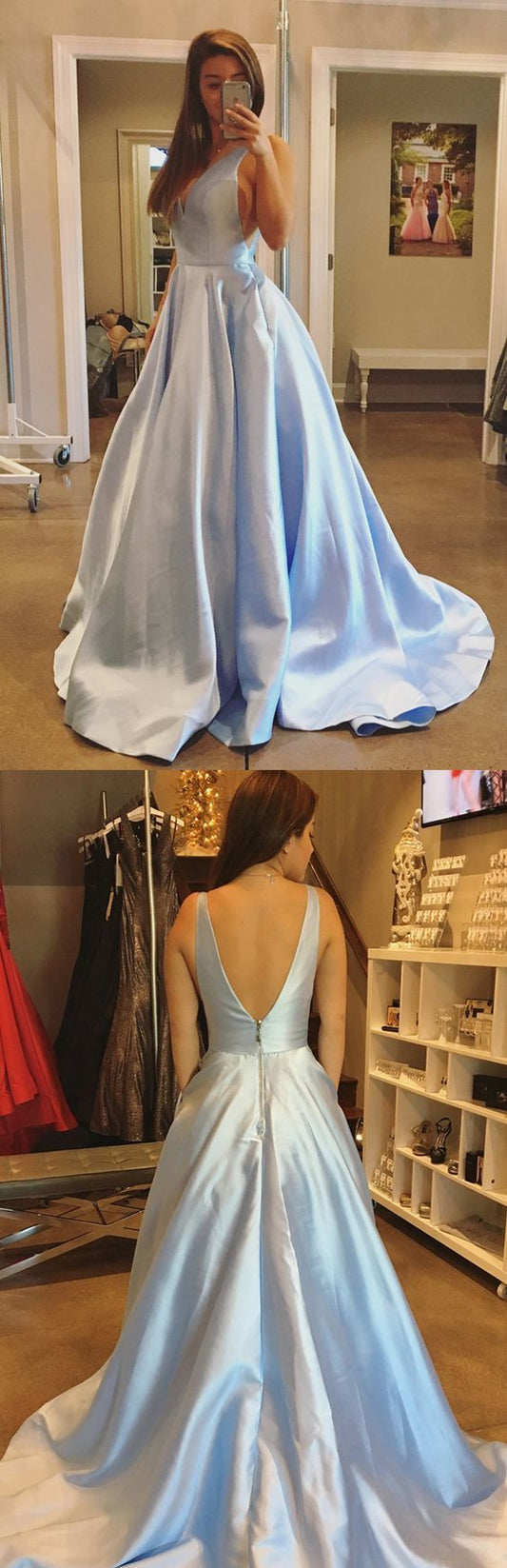 Sexy V-Neck Prom Dress, Backless A-Line Prom Dress, Long Light Blue Evening Dress    cg17795