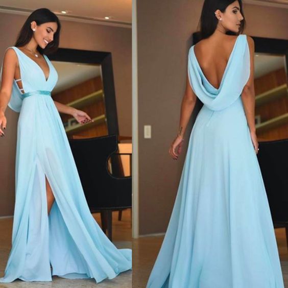 chiffon prom dresses 2021 deep v neck pleats draped a line side slit chiffon a line long evening dresses   cg17822