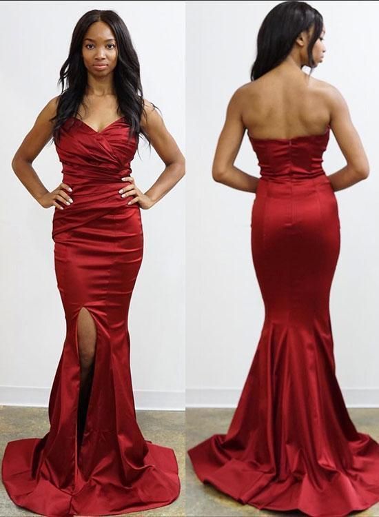 Burgundy Strapless Bodycon Slit Prom Dresses Mermaid Open Back Evening Dresses    cg17849