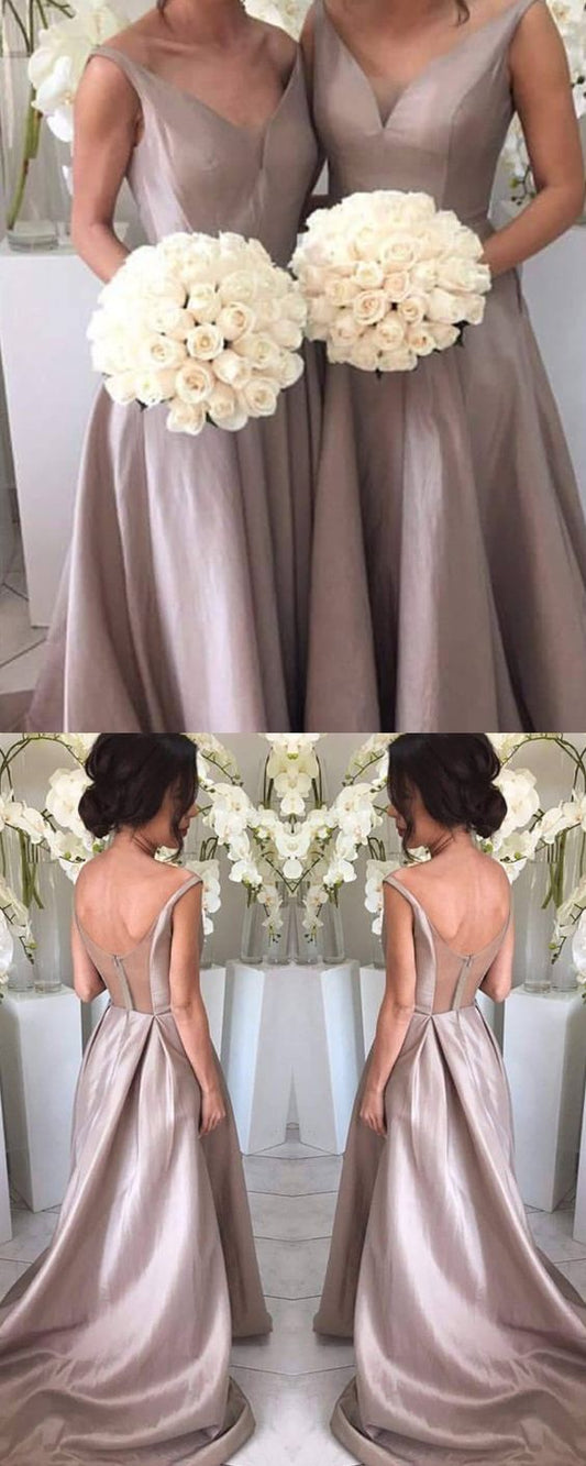 Satin Wedding Bridesmaid Dresses V Neck Open Back Formal Gown For Bridal Parties prom dress   cg17882