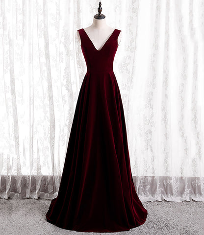 BURGUNDY V NECK LONG PROM DRESS A LINE VELVET EVENING DRESS    cg17907