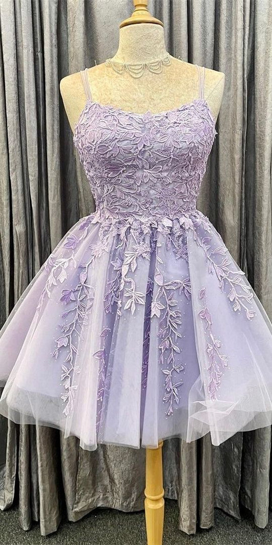 princess short lavender A-line lace appliqued homecoming dress party dress    cg17932