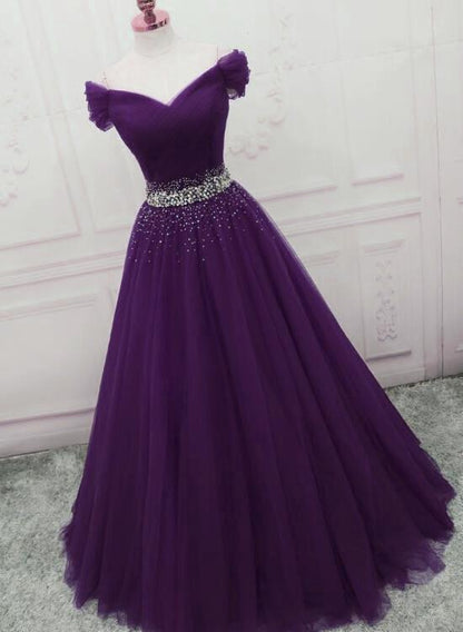 Charming Dark Purple Tulle Long Off The Shoulder Party Dress, Long Prom Dress cg1794